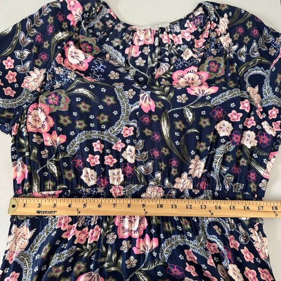 LOFT Shirred Flounce Tiered Midi Dress Navy Blue Floral Boho XL - Picture 7 of 9